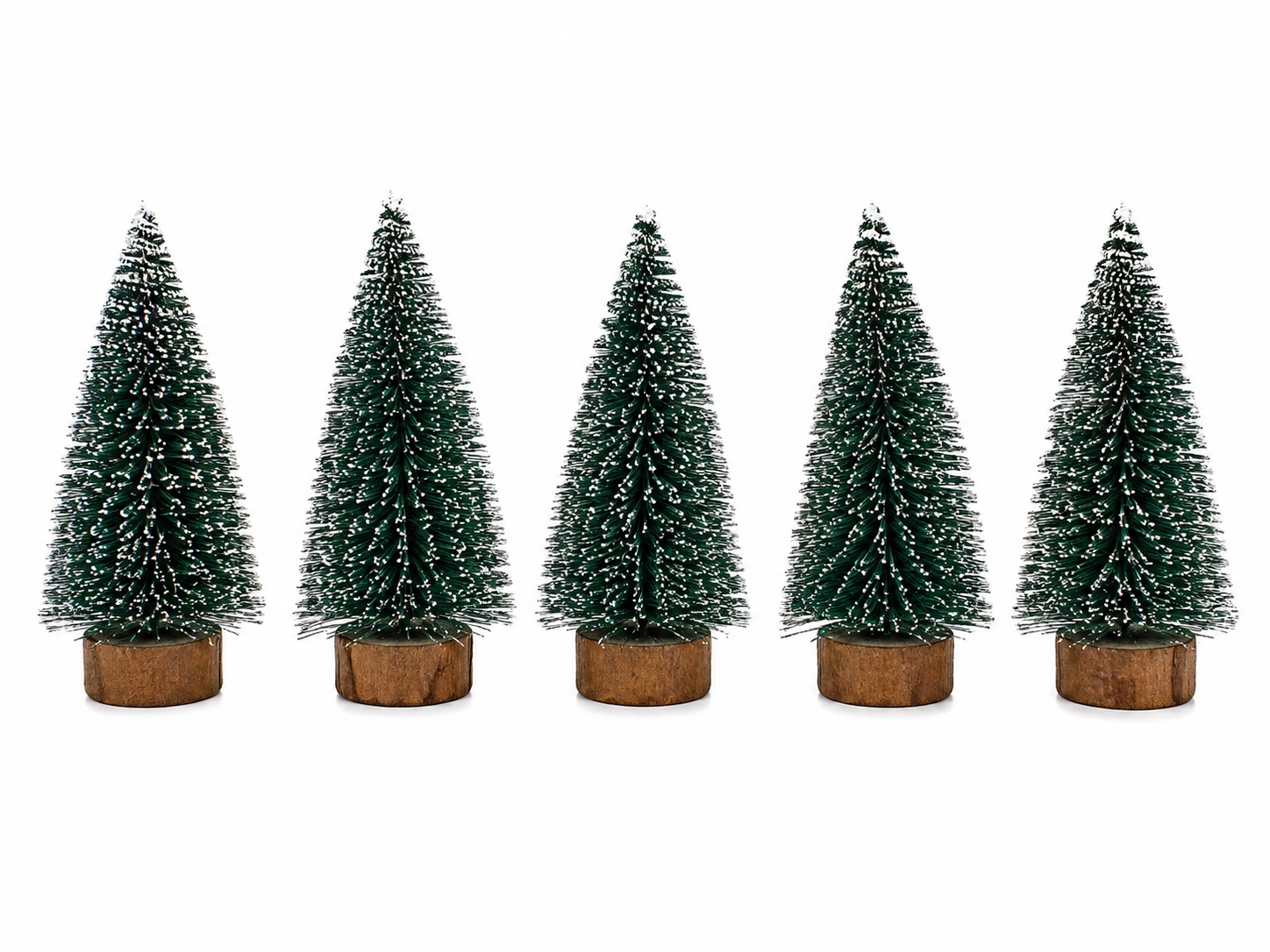 Set de 5 Árboles de Navidad Miniatura con Efecto Nevado y Base de Madera para Decoración.