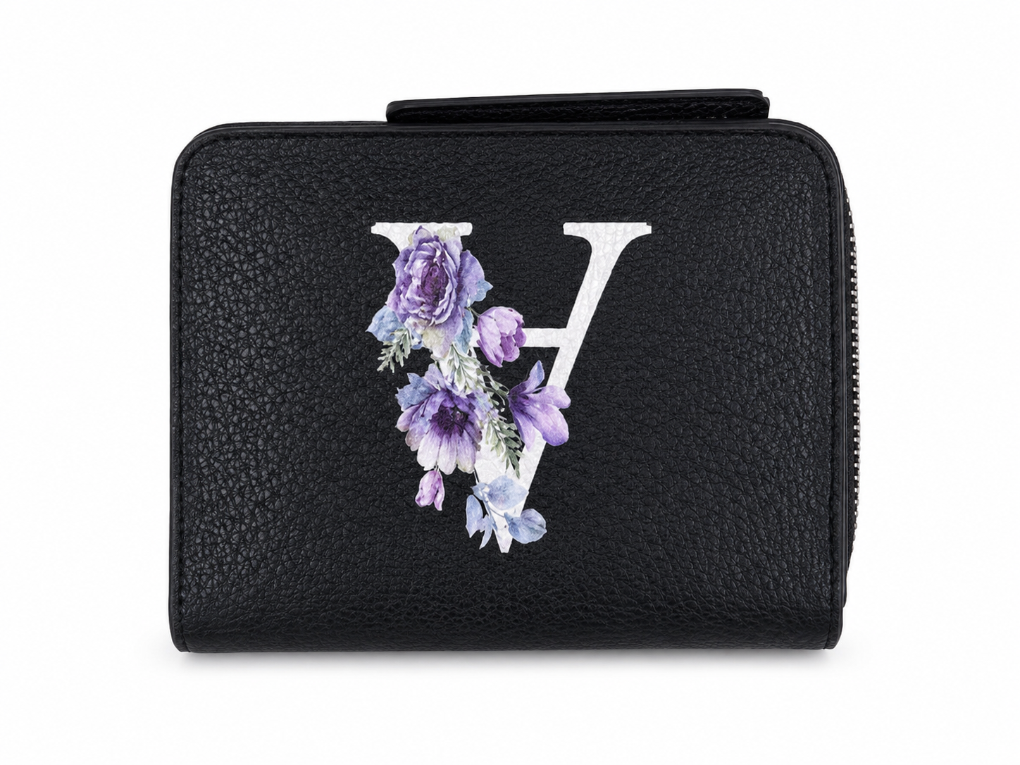 Billetera negra con cierre y diseño de letra V con estampado floral.