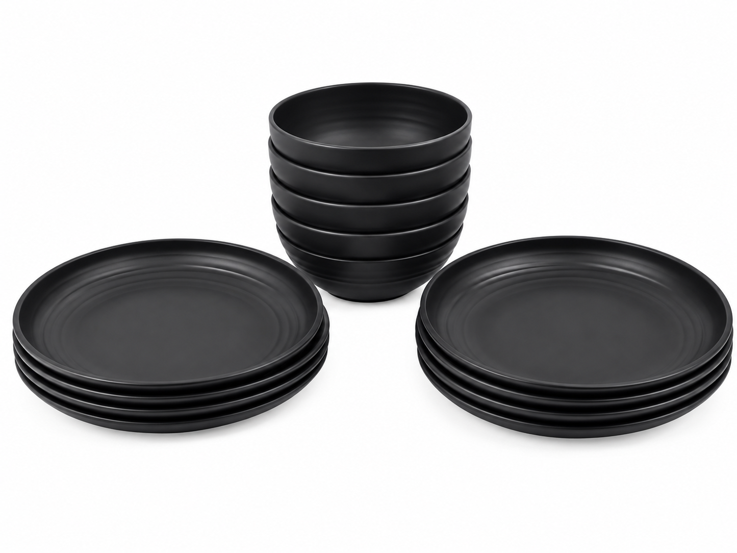 Juego de Vajilla Negra con Platos y Tazones de Diseño Redondo y Acabado Mate.