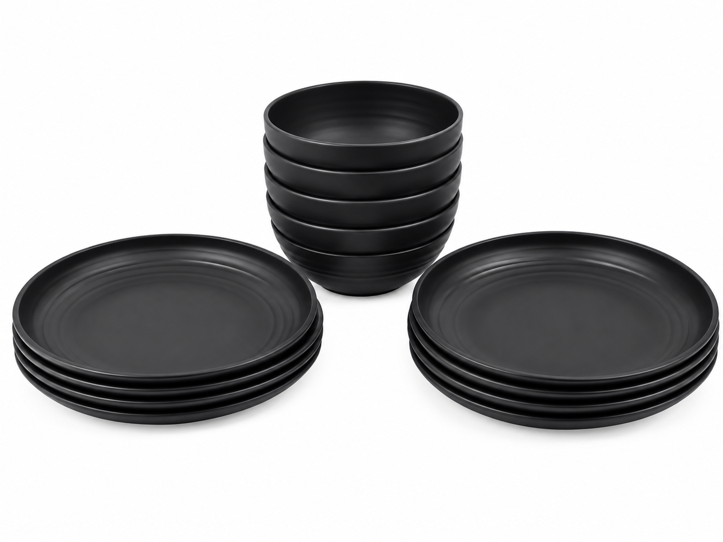 Juego de Vajilla Negra con Platos y Tazones de Diseño Redondo y Acabado Mate.