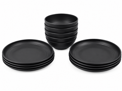 Juego de Vajilla Negra con Platos y Tazones de Diseño Redondo y Acabado Mate.