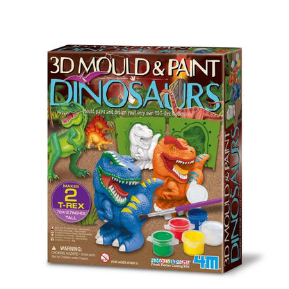 Kit de manualidades para moldear y pintar figuras de dinosaurios, diseñado para niños mayores de 3 años.
