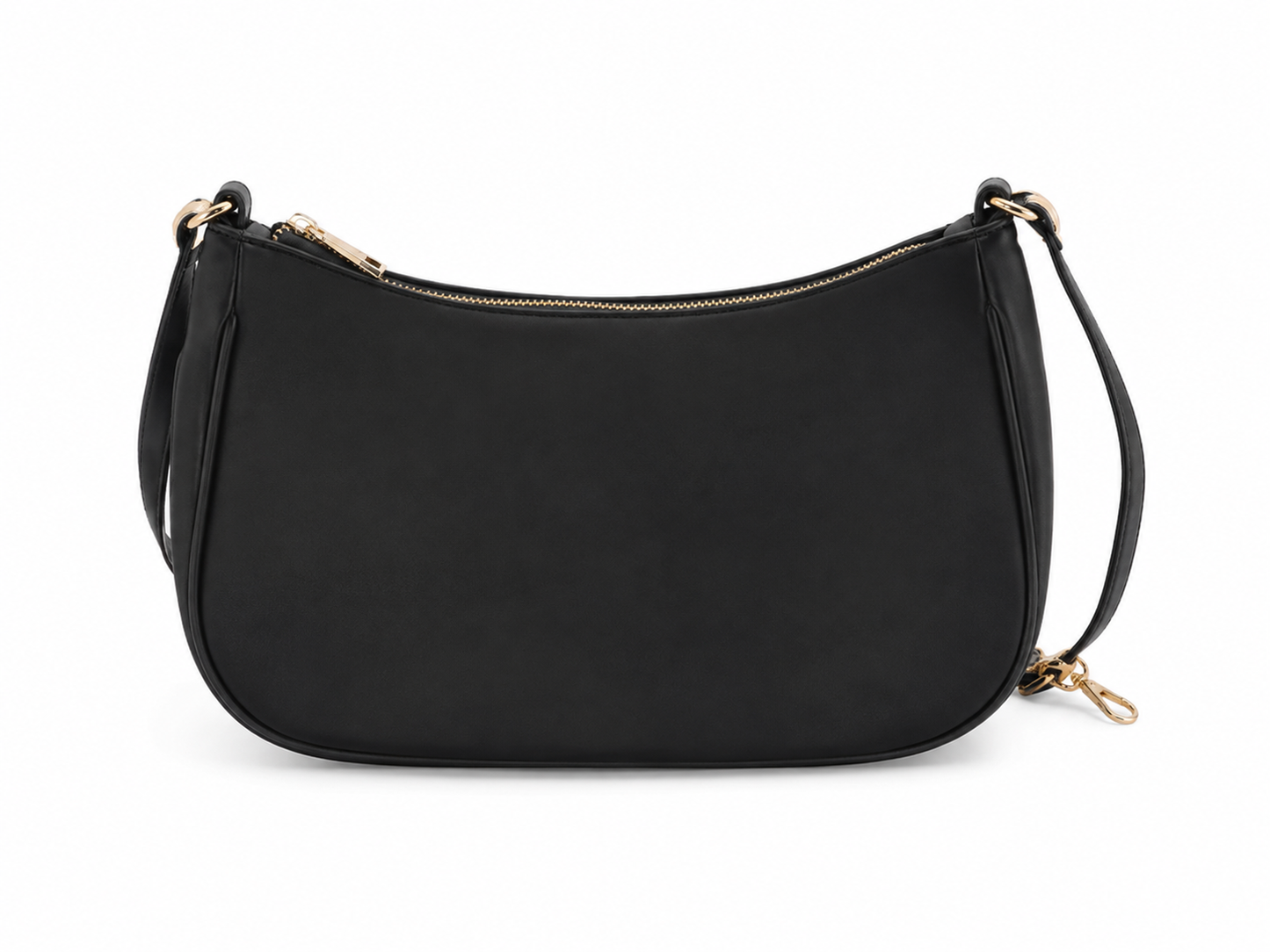 Bolso bandolera negro con cierre de cremallera y herrajes dorados.