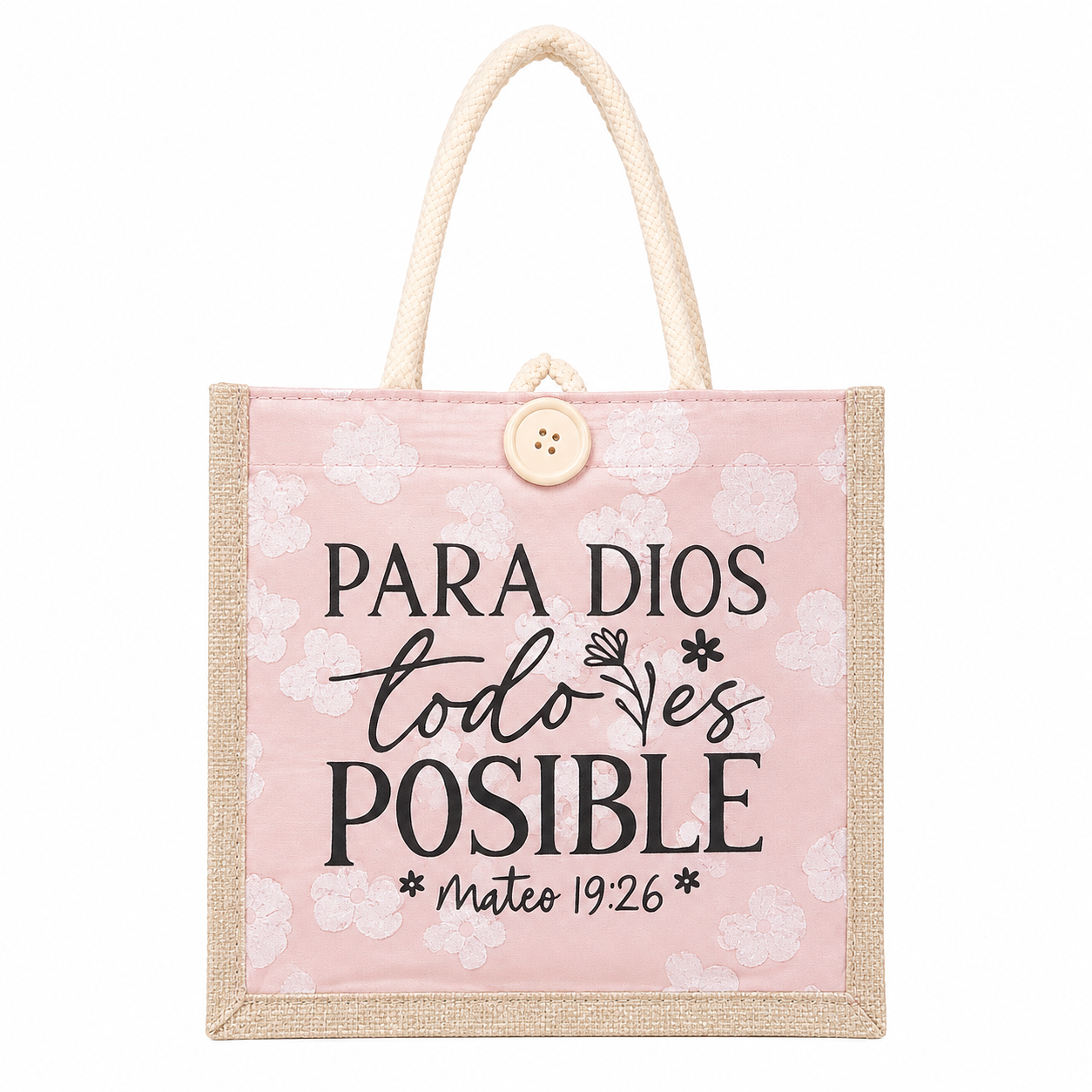 Bolsa de regalo rosa con diseño floral y mensaje «Para Dios todo es posible».