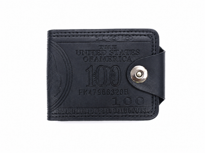 Billetera compacta de piel sintética con cierre de broche a presión y diseño grabado estilo billete de 100 dólares.