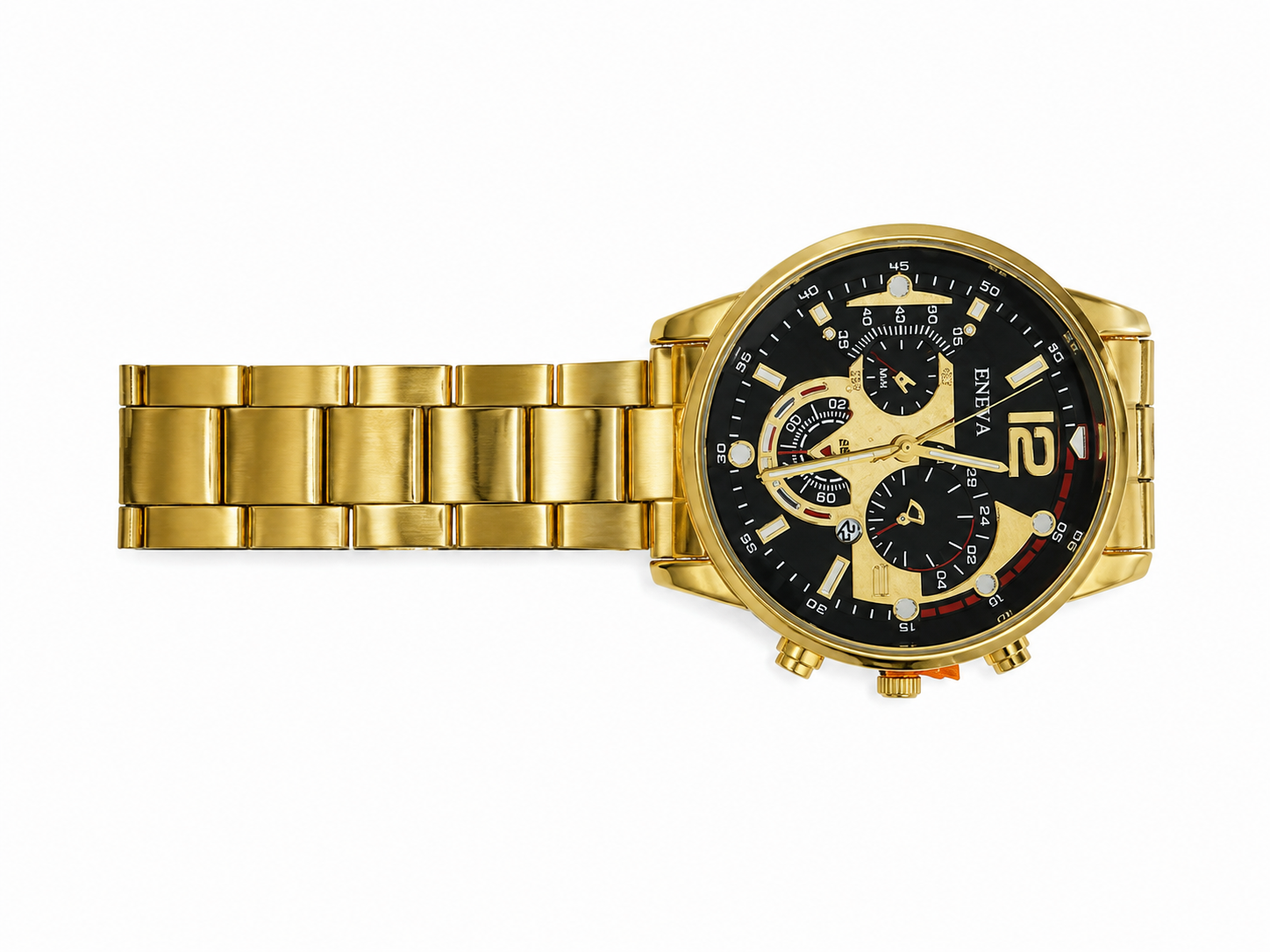 Reloj de Pulsera para Hombre con Brazalete Metálico Dorado, Esfera Negra y Diseño Cronógrafo.