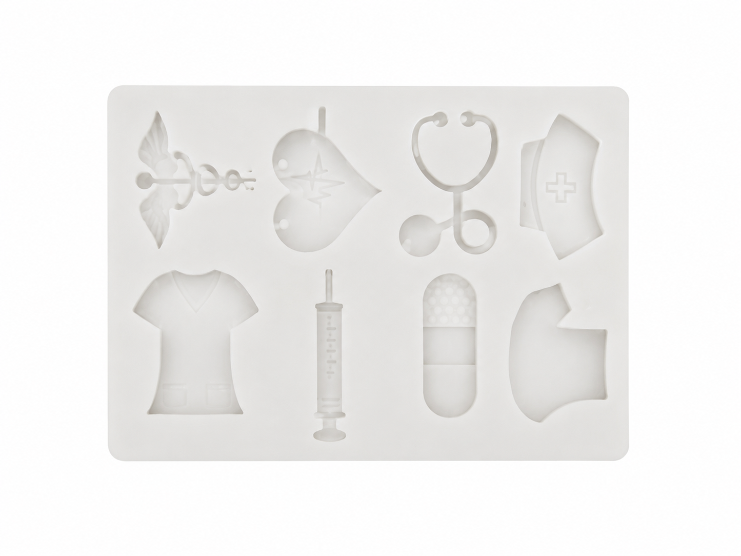 Molde de silicona con figuras de temática médica para resina, jabón y manualidades.