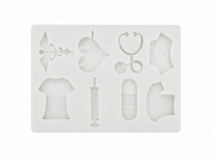 Molde de silicona con figuras de temática médica para resina, jabón y manualidades.