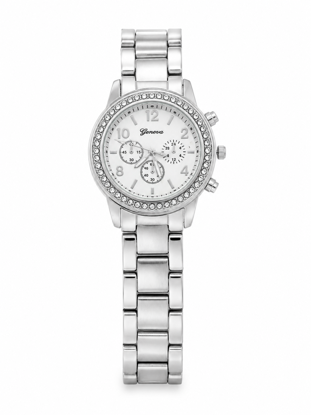 Reloj de Pulsera Analógico Plateado con Brazalete Metálico y Bisel Decorativo.
