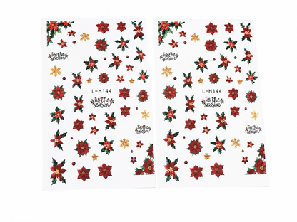 Set de 2 Hojas de Pegatinas Navideñas con Flores, Hojas, Bayas y Copos de Nieve.