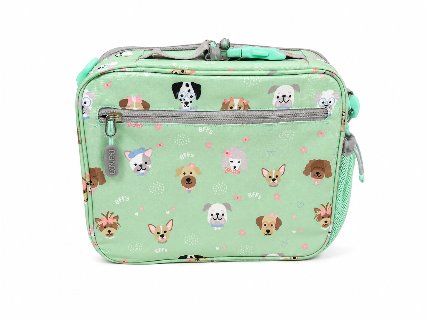 Lonchera Térmica Infantil con Compartimentos y Bolsillo Frontal, Diseño de Perritos Color Verde Menta.