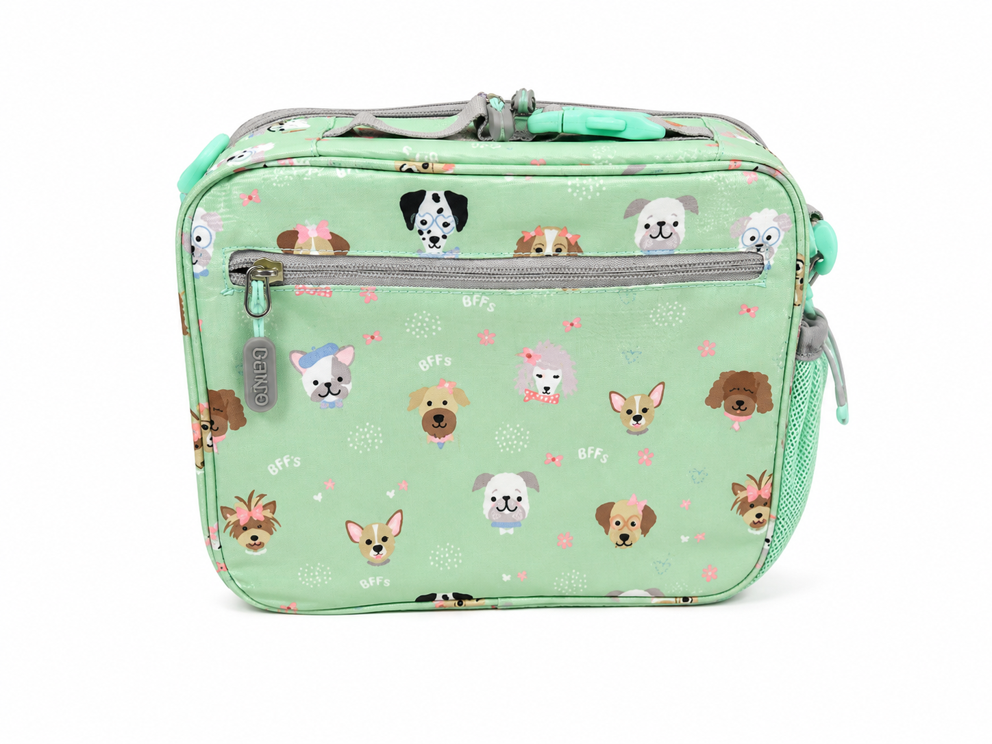 Lonchera Térmica Infantil con Compartimentos y Bolsillo Frontal, Diseño de Perritos Color Verde Menta.