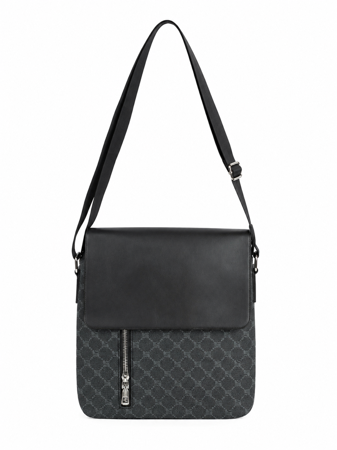 Bolso bandolera unisex con solapa, bolsillo frontal con cierre y correa ajustable, color negro.