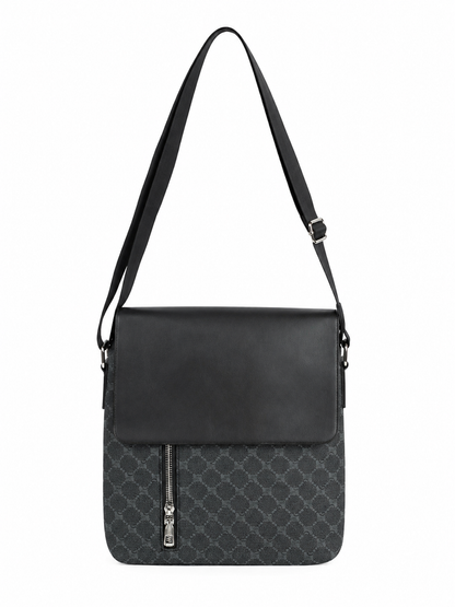 Bolso bandolera unisex con solapa, bolsillo frontal con cierre y correa ajustable, color negro.