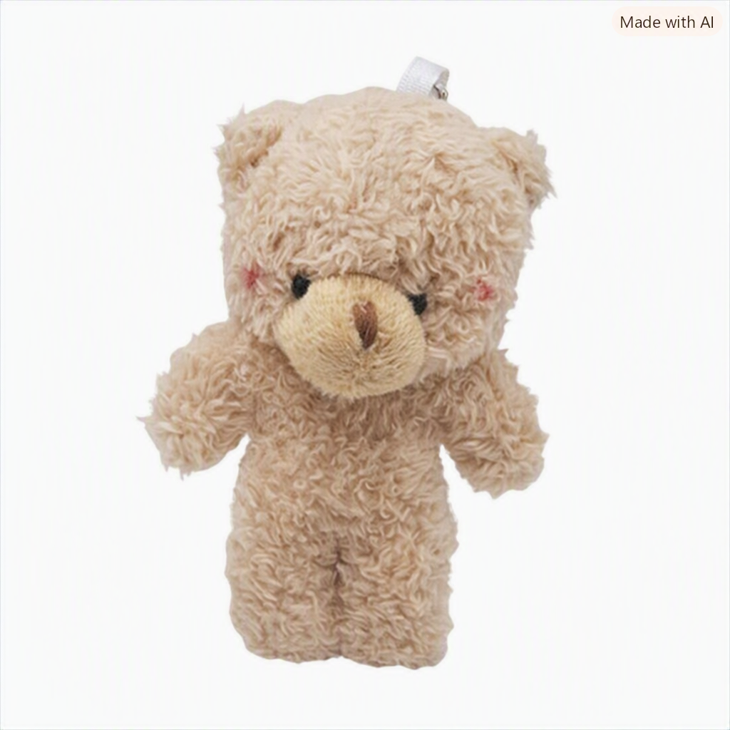 Mini osito de peluche de color marrón claro con textura rizada.