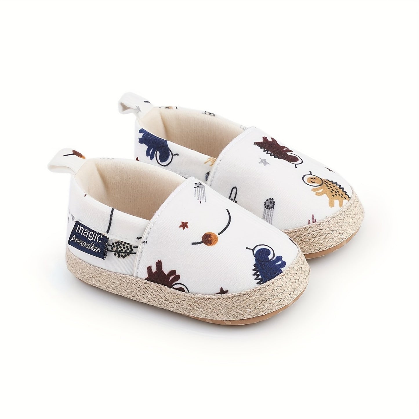 Zapatos tipo alpargata blancos con estampado de animales para bebé, talla 21.