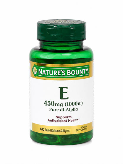 Suplemento de vitamina E 450 mg (1000 UI) en cápsulas blandas de liberación rápida, 60 unidades.