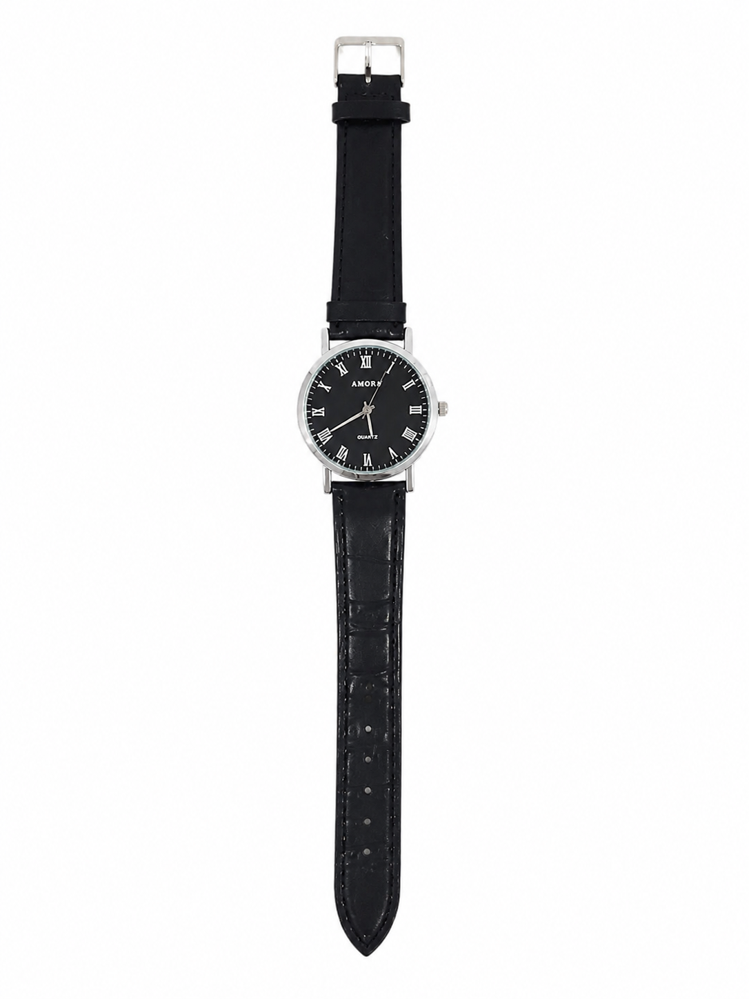 Reloj de Pulsera Analógico Negro con Números Romanos y Correa Negra.