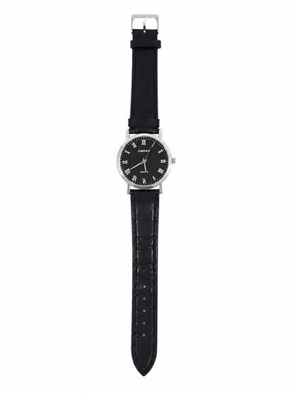 Reloj de Pulsera Analógico Negro con Números Romanos y Correa Negra.