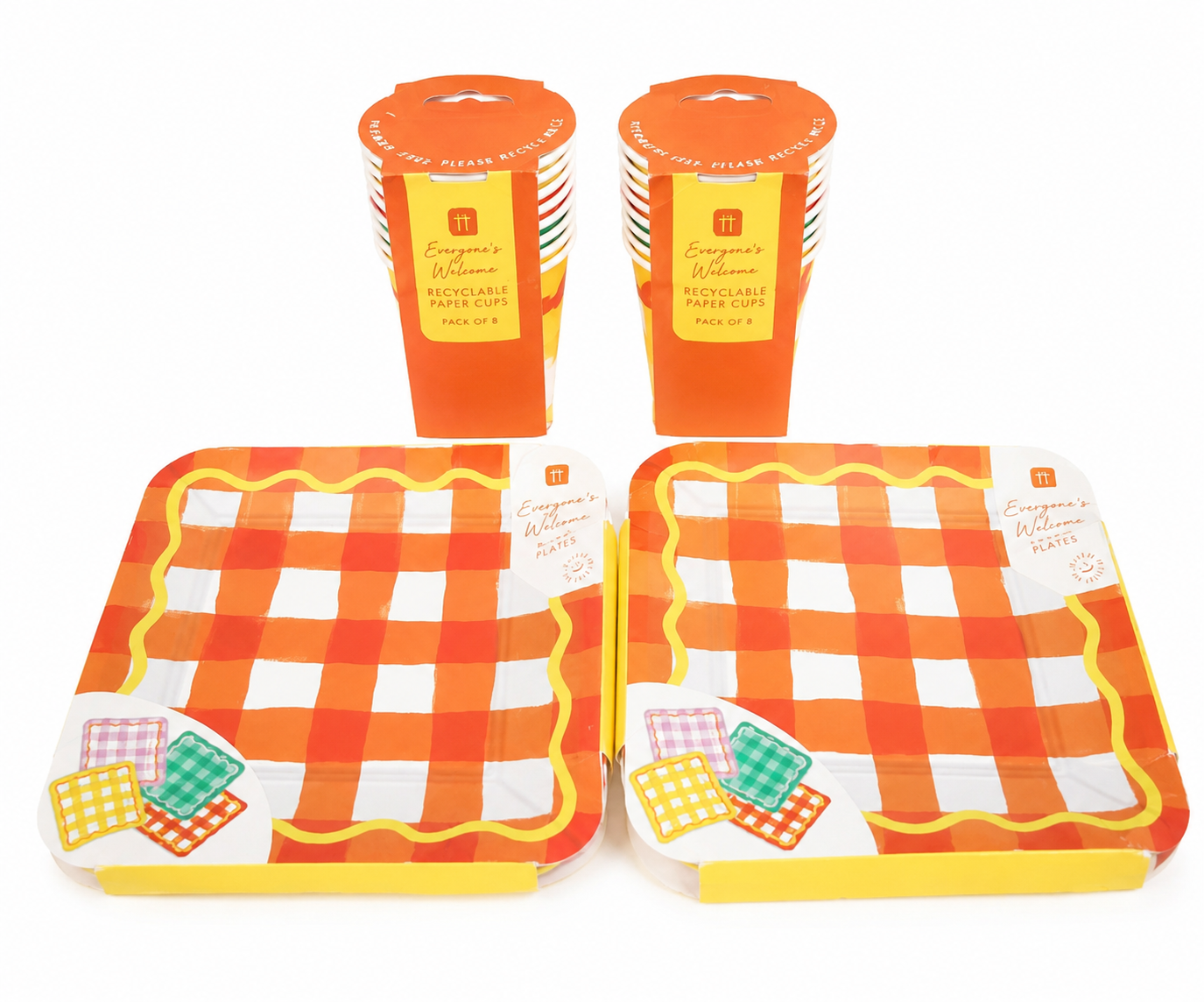 Set de Vasos y Platos Desechables de Papel con Diseño Cuadriculado para Fiesta, Paquete Combinado.