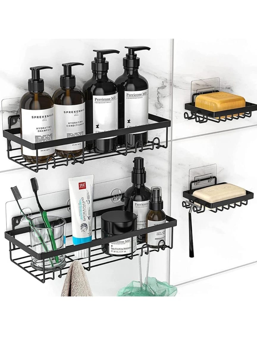 Este es un set organizador de ducha adhesivo de color negro metálico
