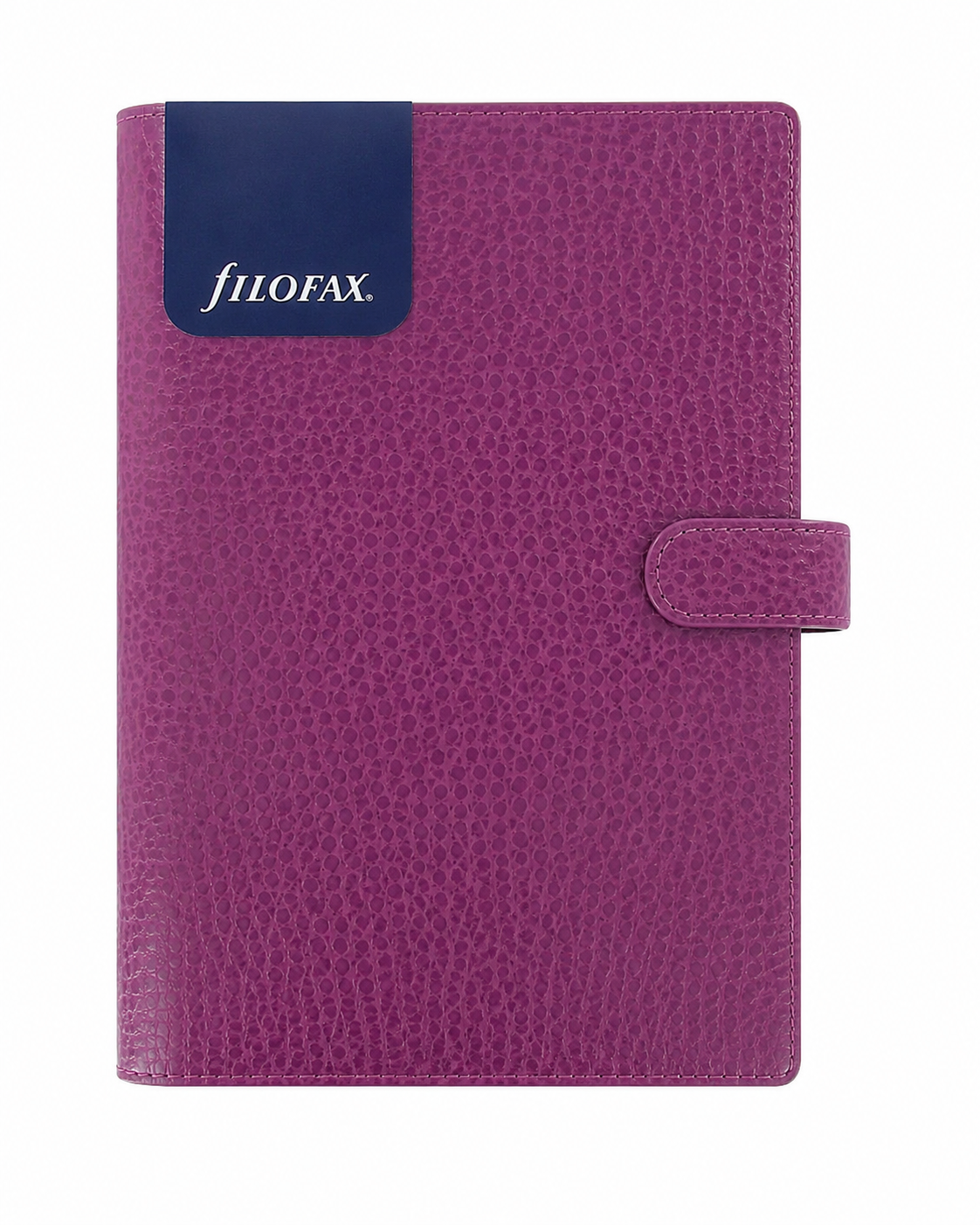 Libreta con cierre de broche color morado texturizado.