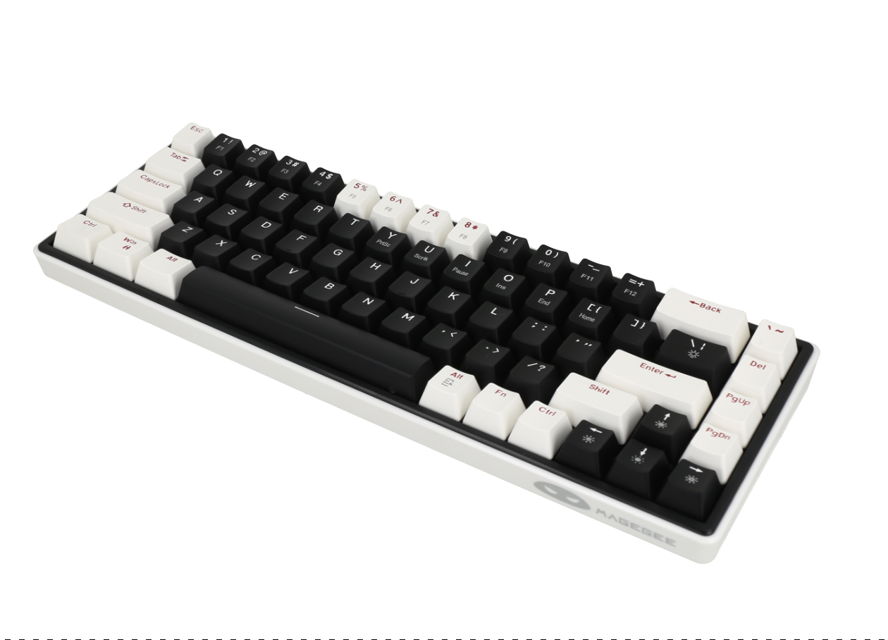 Teclado mecánico para juegos compacto de 61 teclas con un diseño en blanco y negro de alto contraste.