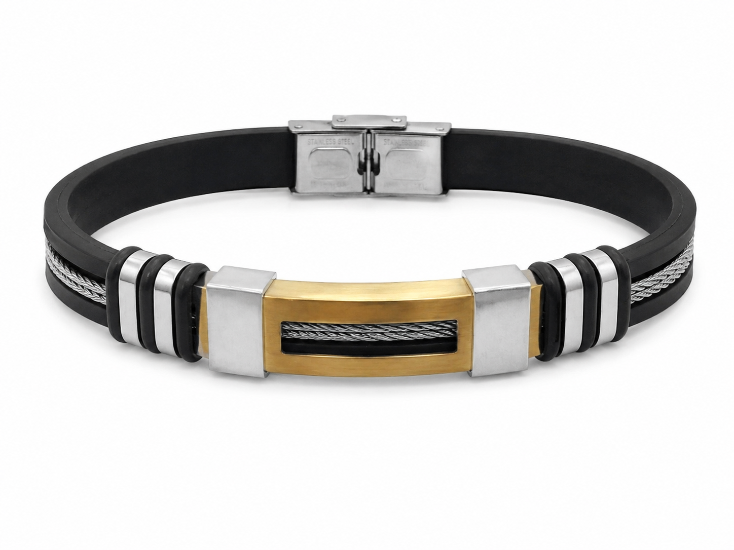 Pulsera de Silicona Negra con Detalles Metálicos Bicolor para Hombre.