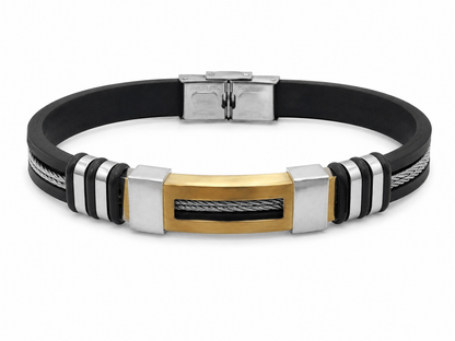 Pulsera de Silicona Negra con Detalles Metálicos Bicolor para Hombre.