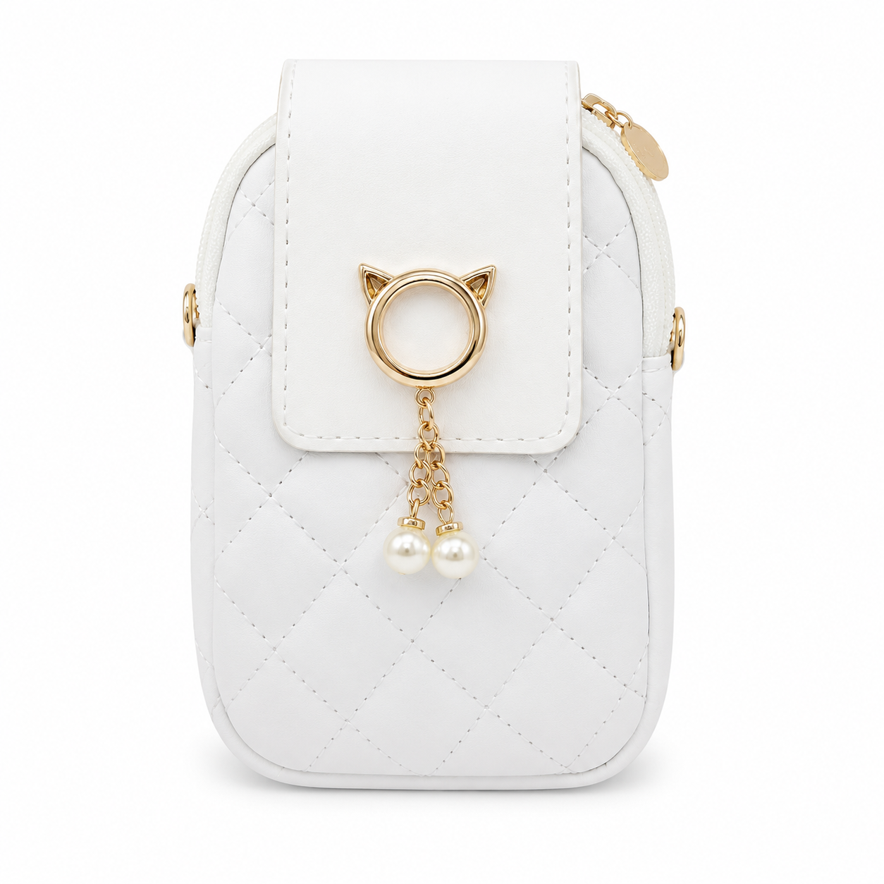 Bolso compacto acolchado con cierre, diseño de gato y color blanco.