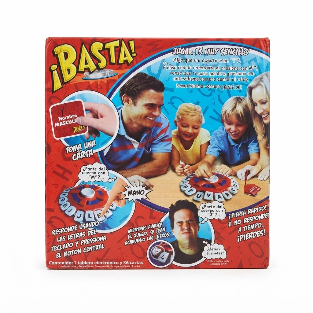 Juego de mesa electrónico ¡Basta! de Fotorama, el cual cuenta con un tablero central de letras y 36 tarjetas de categoría
