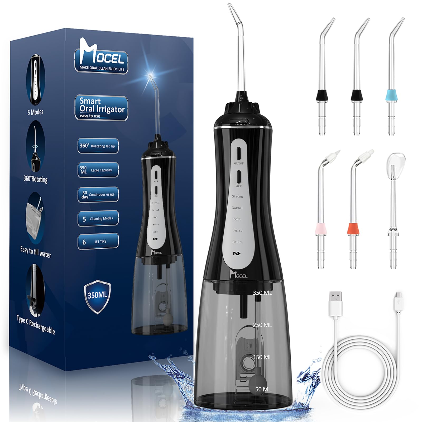 Irrigador bucal inalámbrico que cuenta con un tanque de agua de 350 ml y 5 modos de limpieza.
