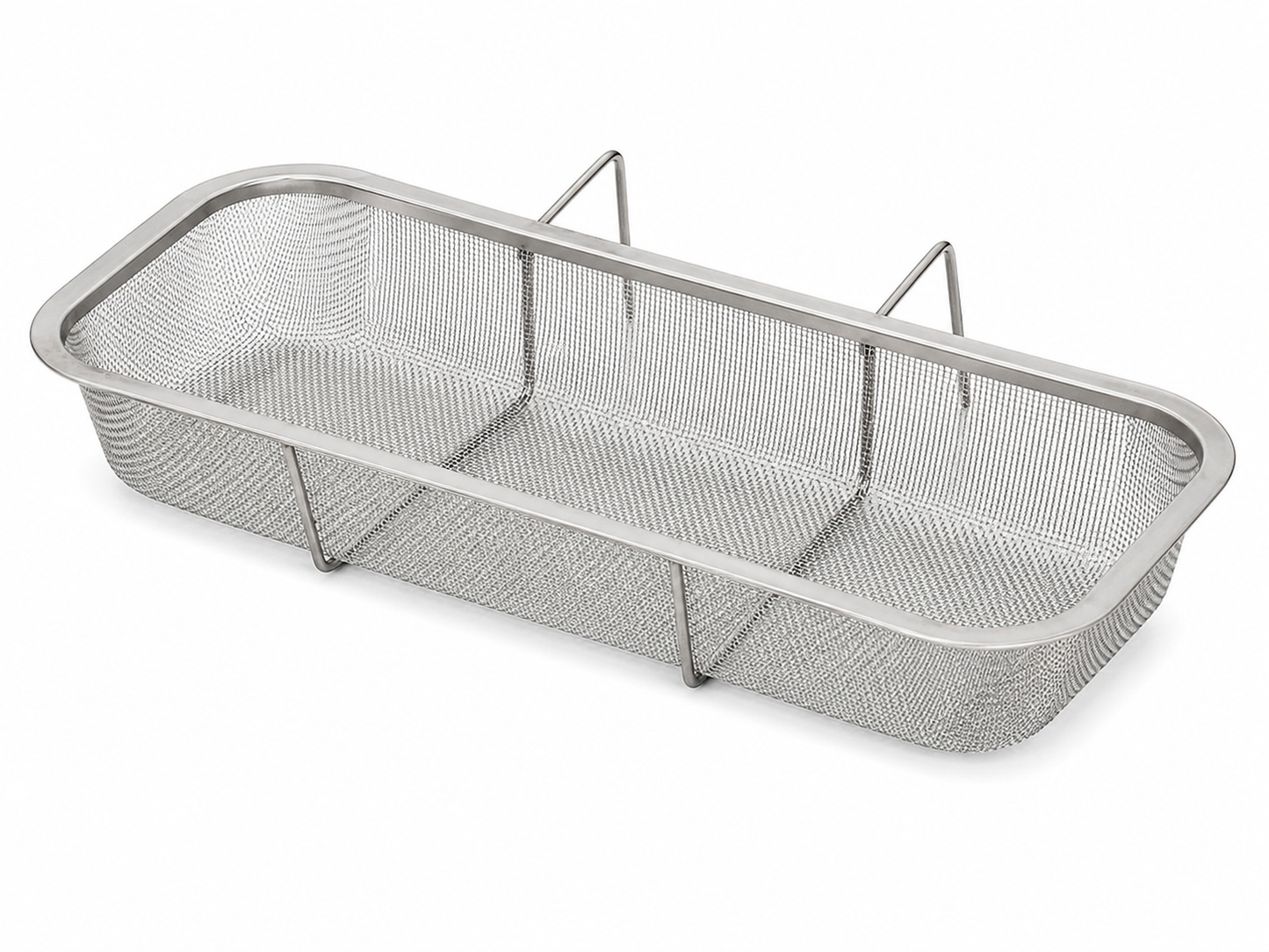 Canasta organizadora rectangular de malla metálica para fregadero con soportes integrados de acero inoxidable.