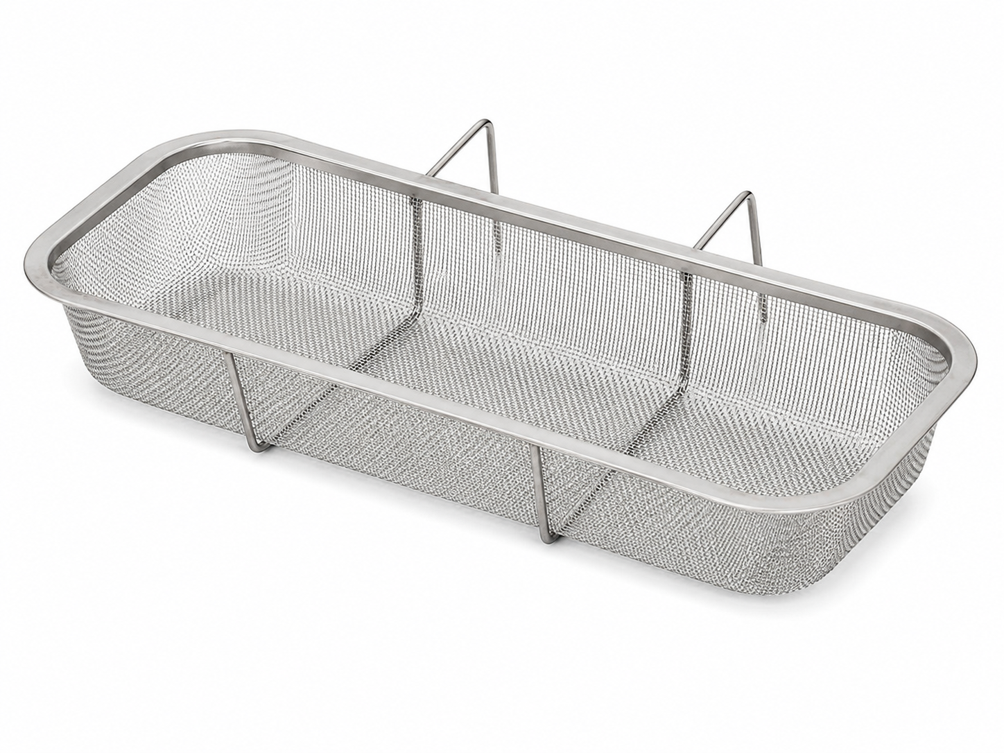 Canasta organizadora rectangular de malla metálica para fregadero con soportes integrados de acero inoxidable.