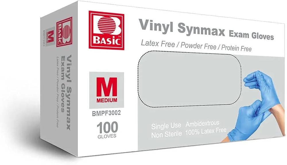 Pack de 100 guantes de examen de vinilo Synmax, talla mediana (Medium), de color azul, libres de látex y de polvo