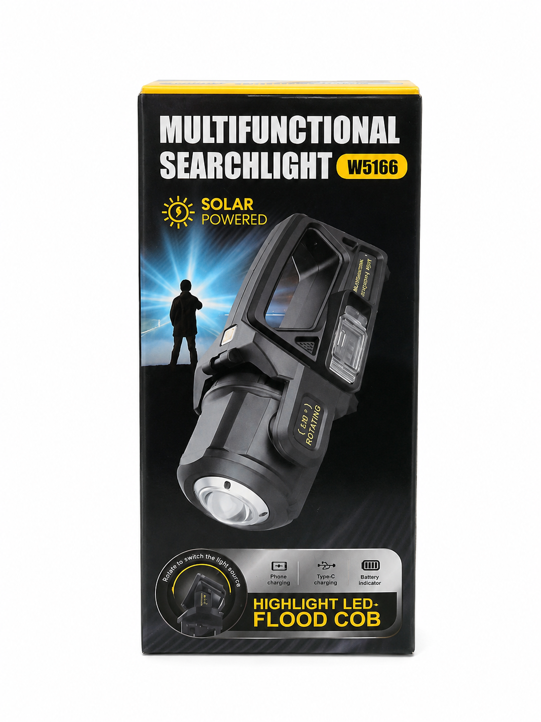 Linterna LED multifuncional recargable con panel solar, luz COB e indicador de batería.