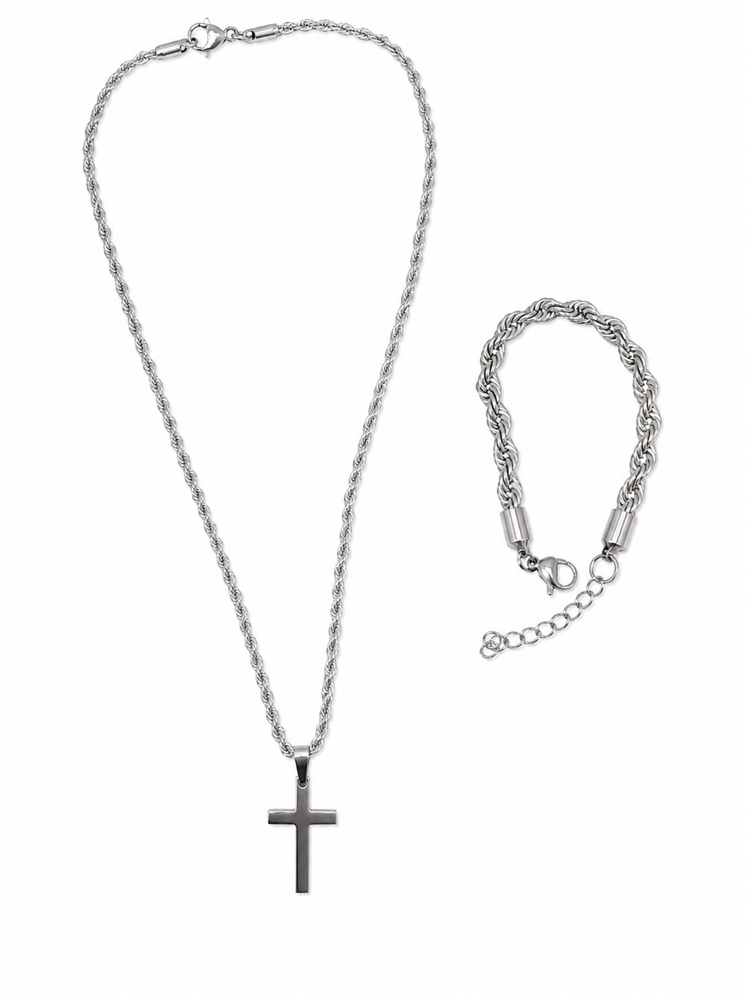 Juego de collar y pulsera de acero inoxidable con dije de cruz color plateado.