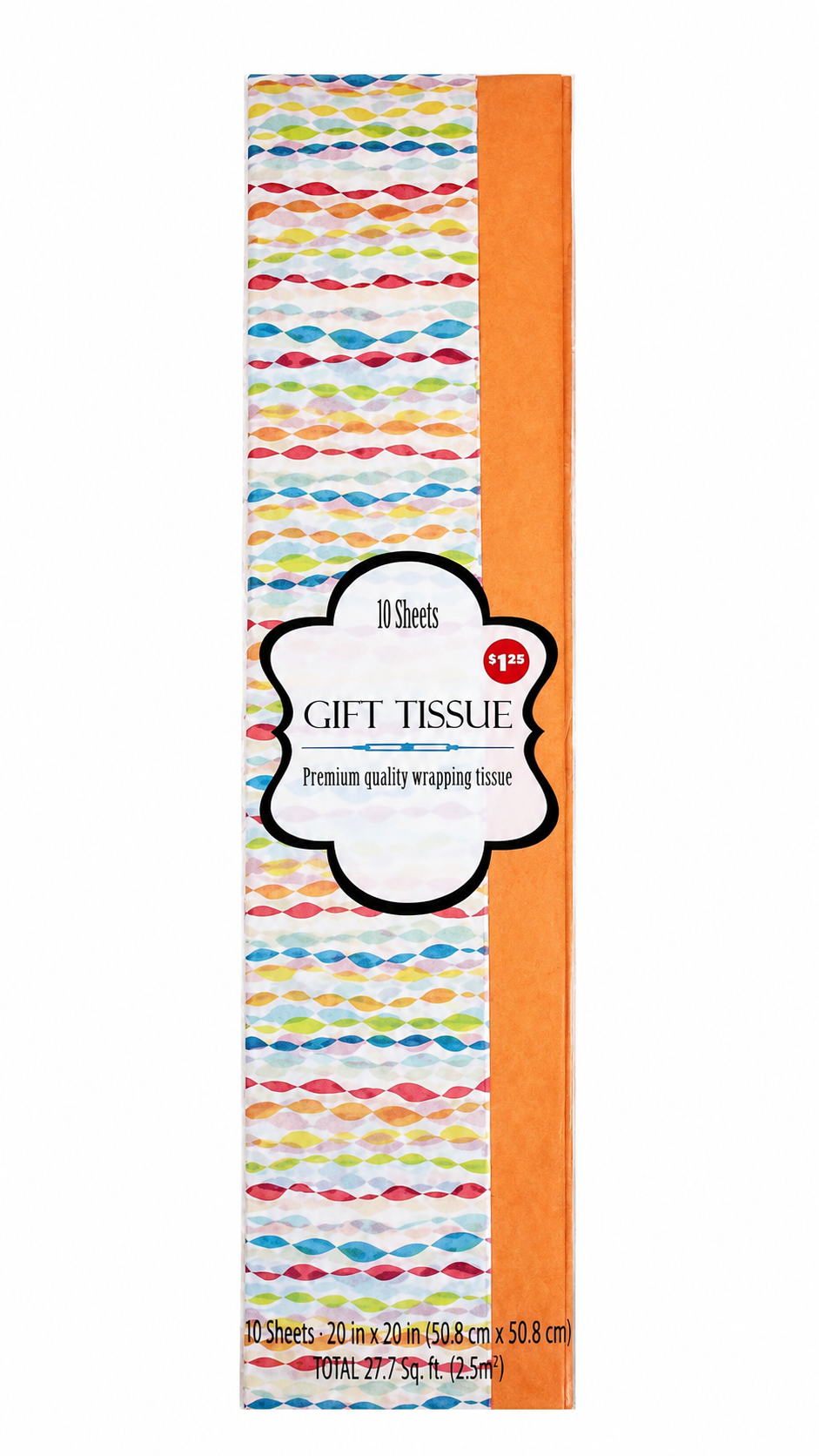 Papel de seda para regalo multicolor y naranja de 20 × 20 pulgadas, paquete de 10 hojas.