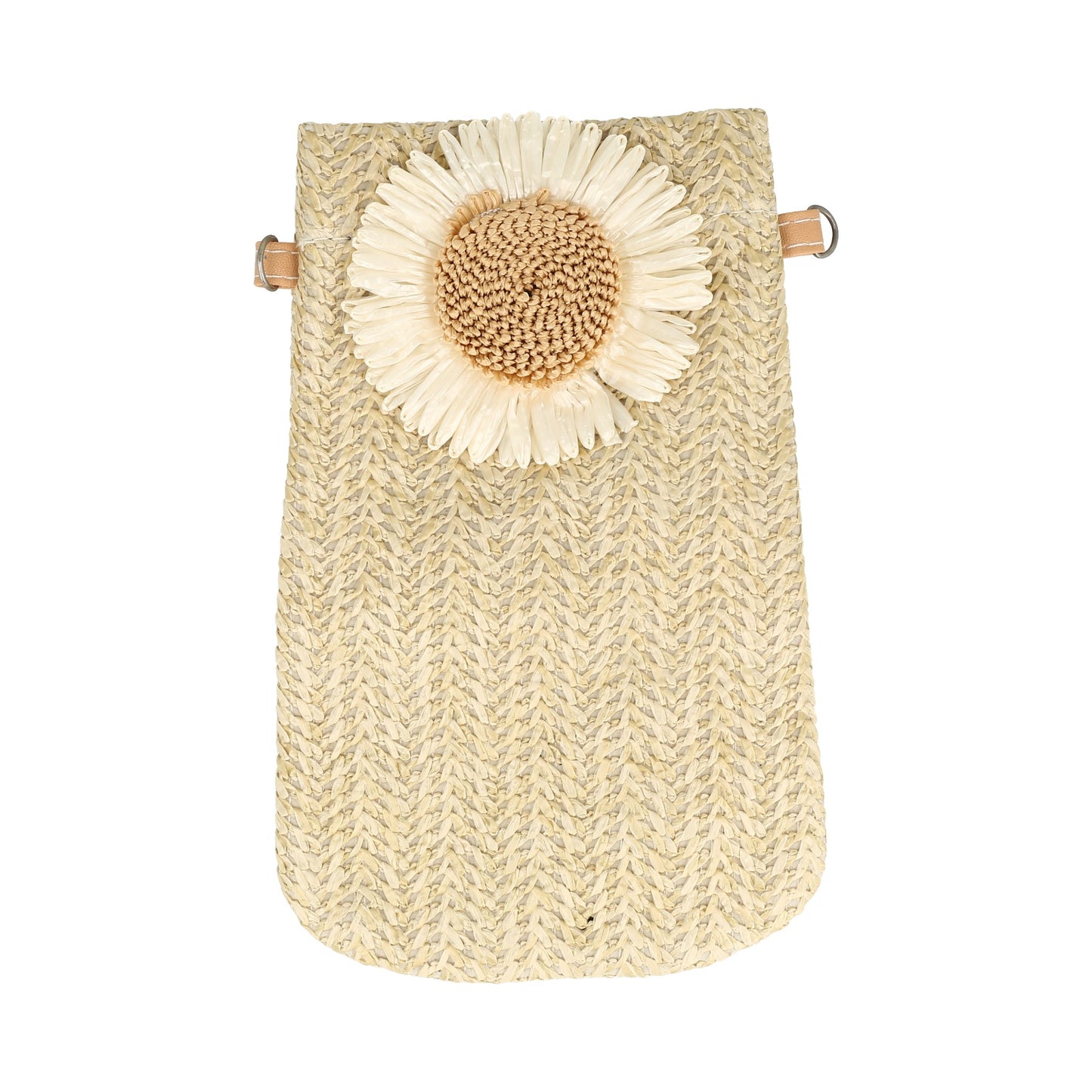 bolso bandolera de paja con una flor de margarita bordada.