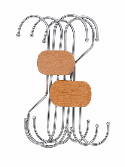 Juego de Ganchos Organizadores Metálicos en Forma de S con Soporte de Madera.