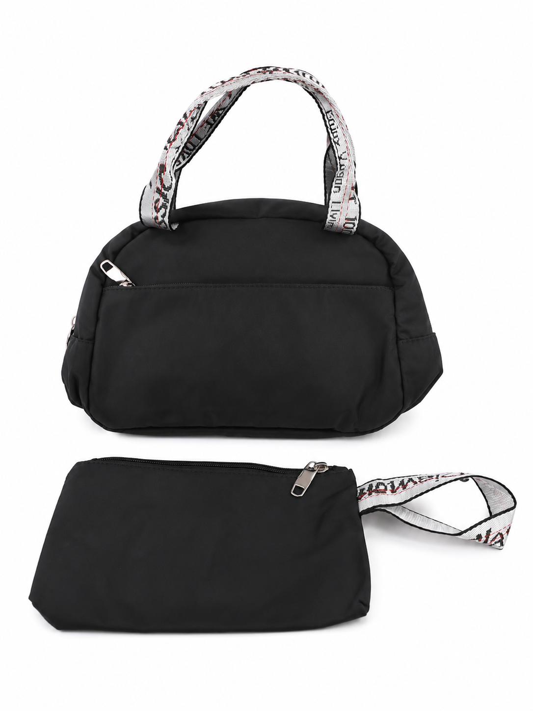 Bolso de Mano Negro con Estuche a Juego y Asa Estampada.