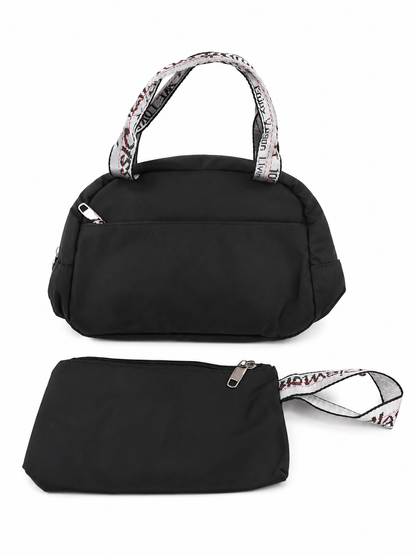 Bolso de Mano Negro con Estuche a Juego y Asa Estampada.