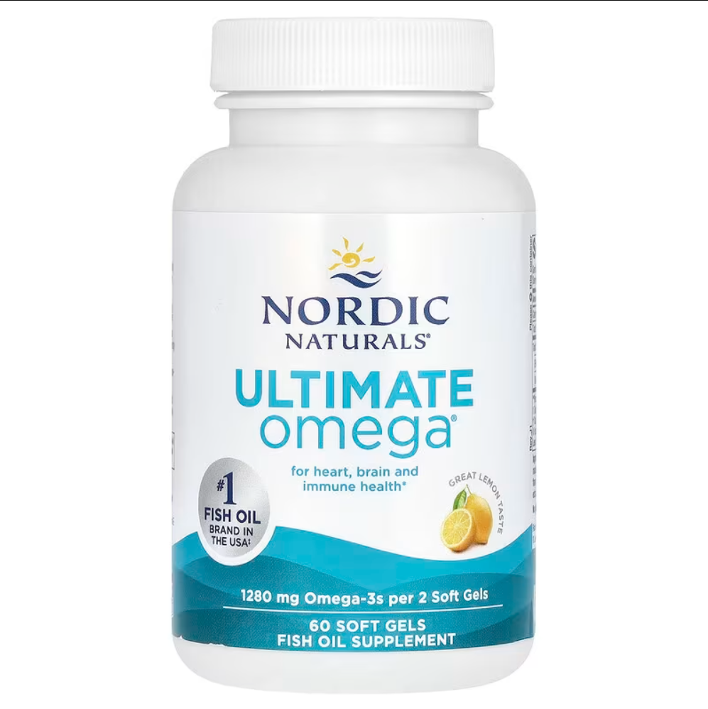 Suplemento de aceite de pescado con sabor a limón que aporta 1280 mg de omega-3 por cada 2 cápsulas blandas.