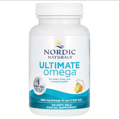 Suplemento de aceite de pescado con sabor a limón que aporta 1280 mg de omega-3 por cada 2 cápsulas blandas.