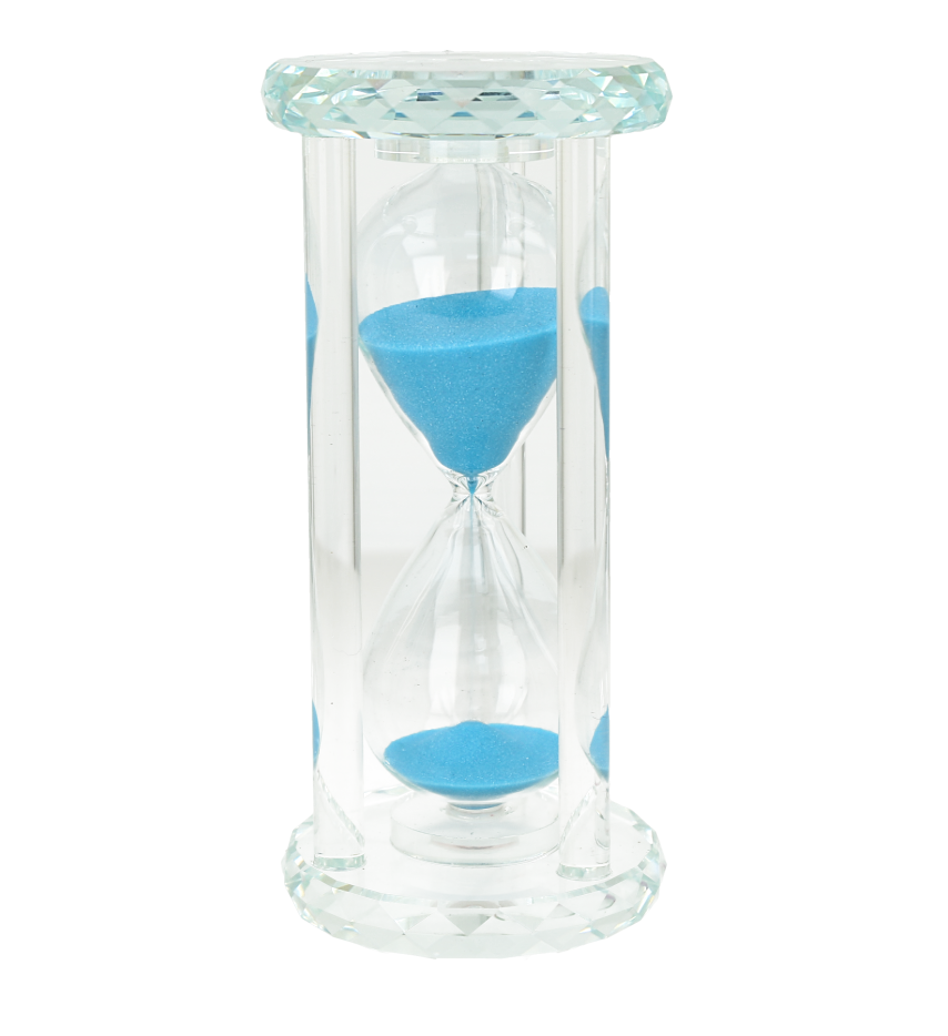 Reloj de arena de cristal de 60 minutos con arena azul y un diseño tallado en forma de diamante.