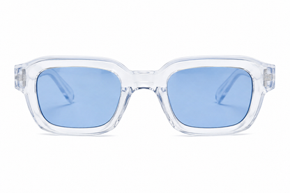 Gafas de sol rectangulares transparentes con lentes azul claro.