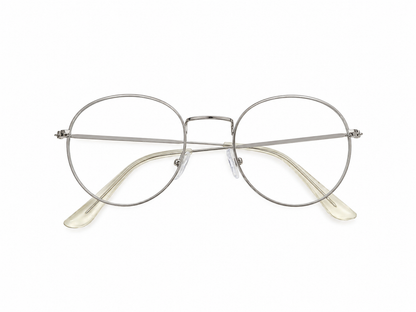 Lentes de armazón metálico redondo con diseño clásico color plateado.