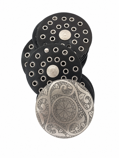 Cinturón Ancho Decorativo Color Negro con Hebilla Circular Grabada.