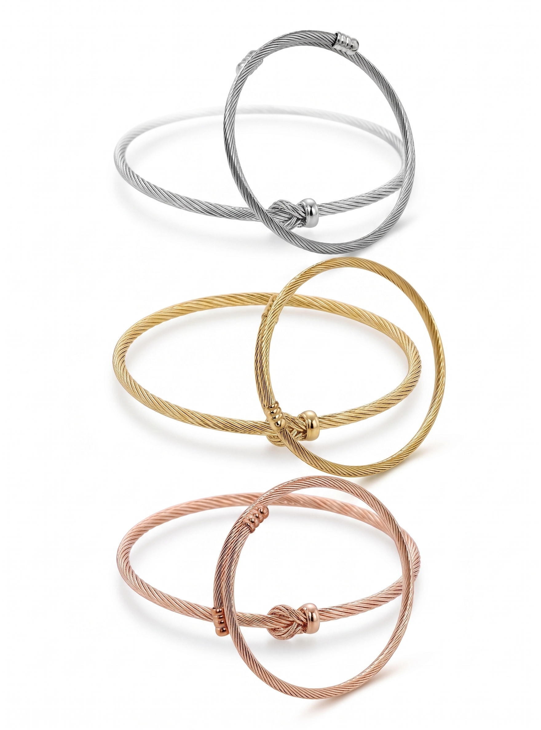 Juego de 3 Pulseras Bangle Apilables de Cable de Acero Inoxidable para Mujer Plata, Oro y Oro Rosa