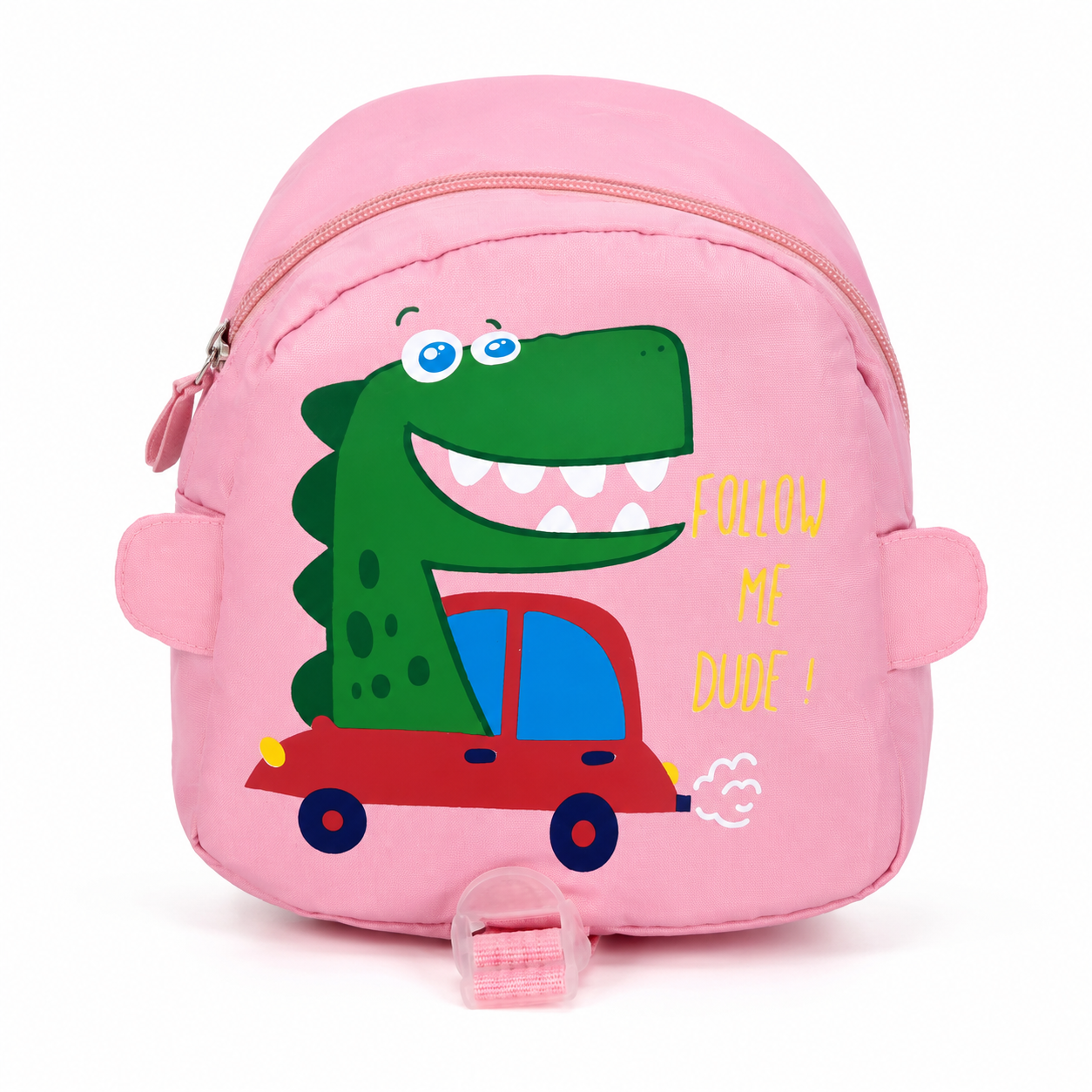 Mochila infantil de dinosaurio color rosa con bolsillo frontal y correas ajustables.